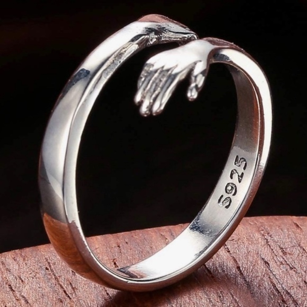 925s stamped Silver Hugging hug Hands Ring band couples/ mom daughter etc